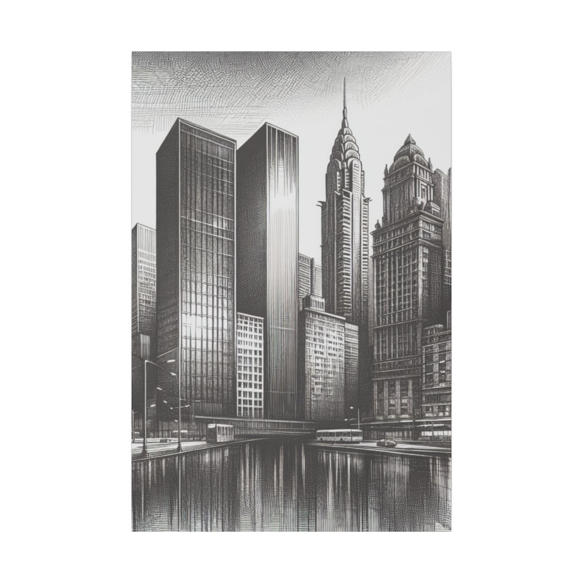 "Urban Majesty: Detailed Pen and Ink Cityscape with Dramatic Lighting" - Canvas