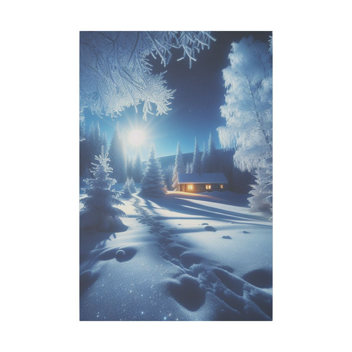 Serene Winter Wonderland: Frosty Trees, Lone Cabin and Moonlit Snowscapes - Canvas