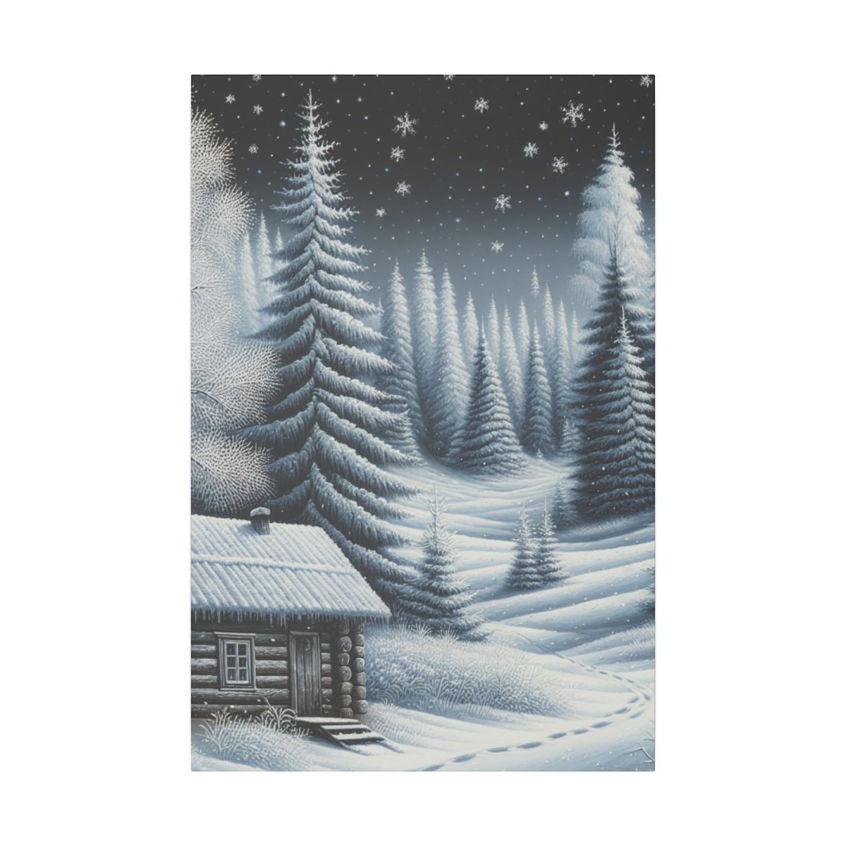 Mystic Winter Bliss: Serene Snowfall Peace and Rustic Charm Canvas Art - Canvas
