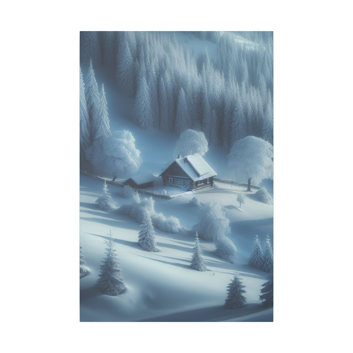 "Solitary Cabin in Snowy Solitude: A Tranquil Winter Wonderland Canvas" - Canvas
