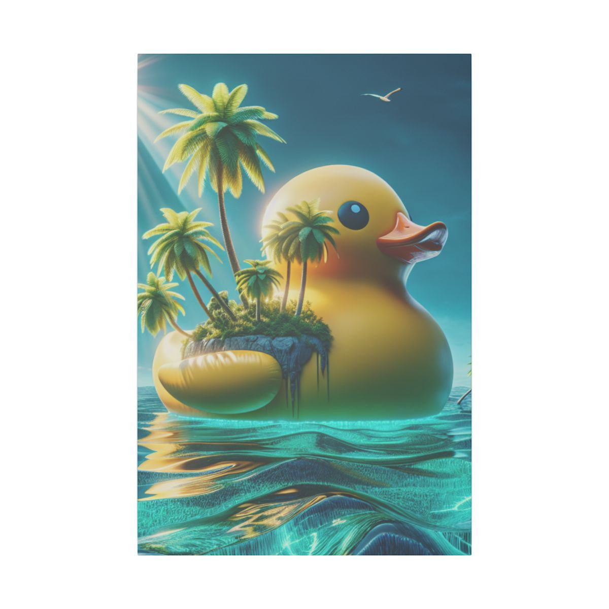 "Island Oasis Atop a Majestic Rubber Duck: A Tropical Voyage on Azure Seas" - Canvas
