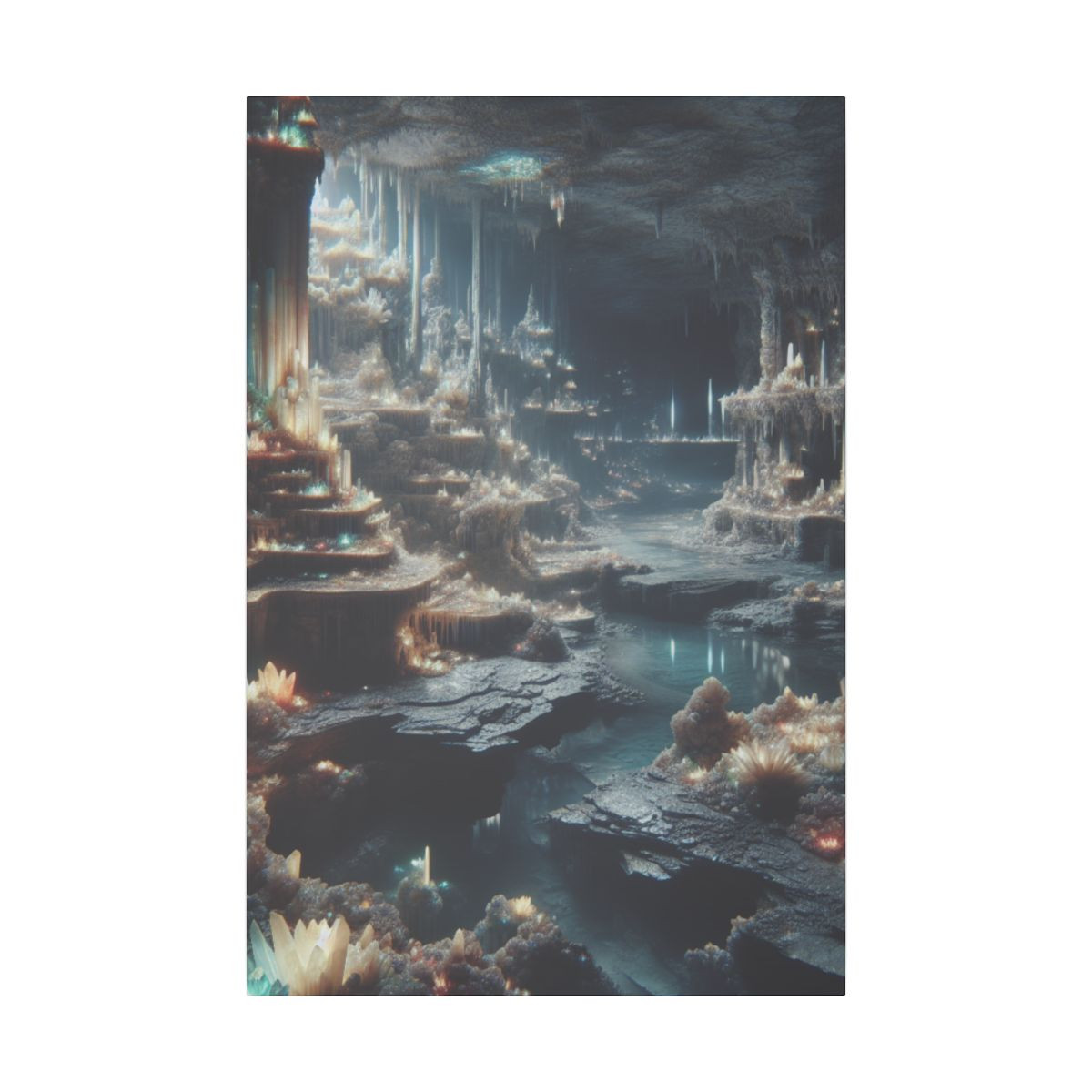 "Crystal Glow: Luminescent Caverns and Underground River Landscape Canvas" - Canvas