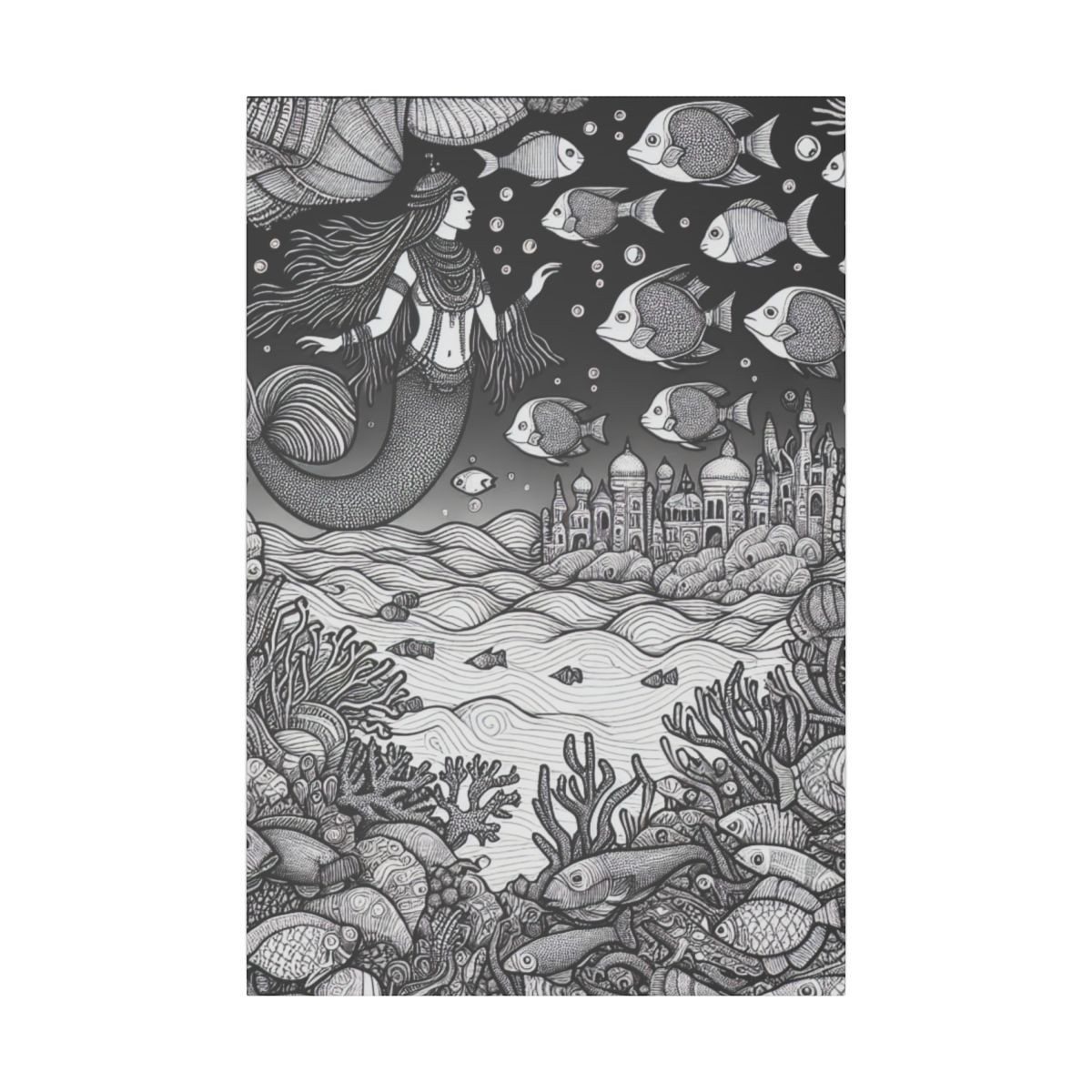 "Mermaid's Oasis: A Middle-Eastern Inspired Underwater Pen and Ink Canvas Art" - Canvas
