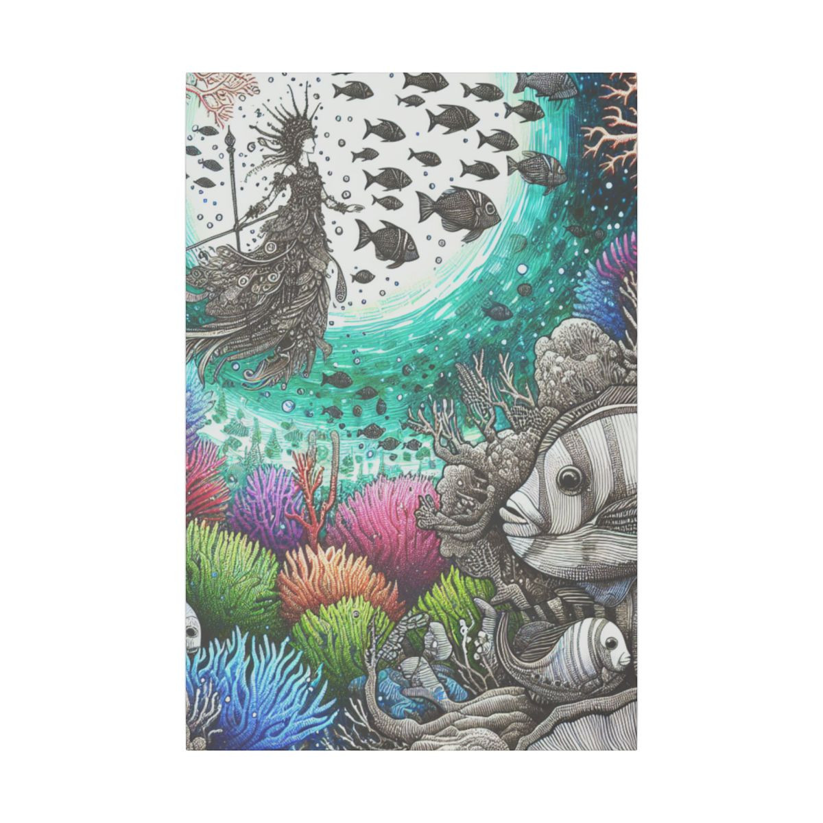 "Mystic Mermaid: Vibrant Underwater World in Detailed Pen Ink Artistry" - Canvas