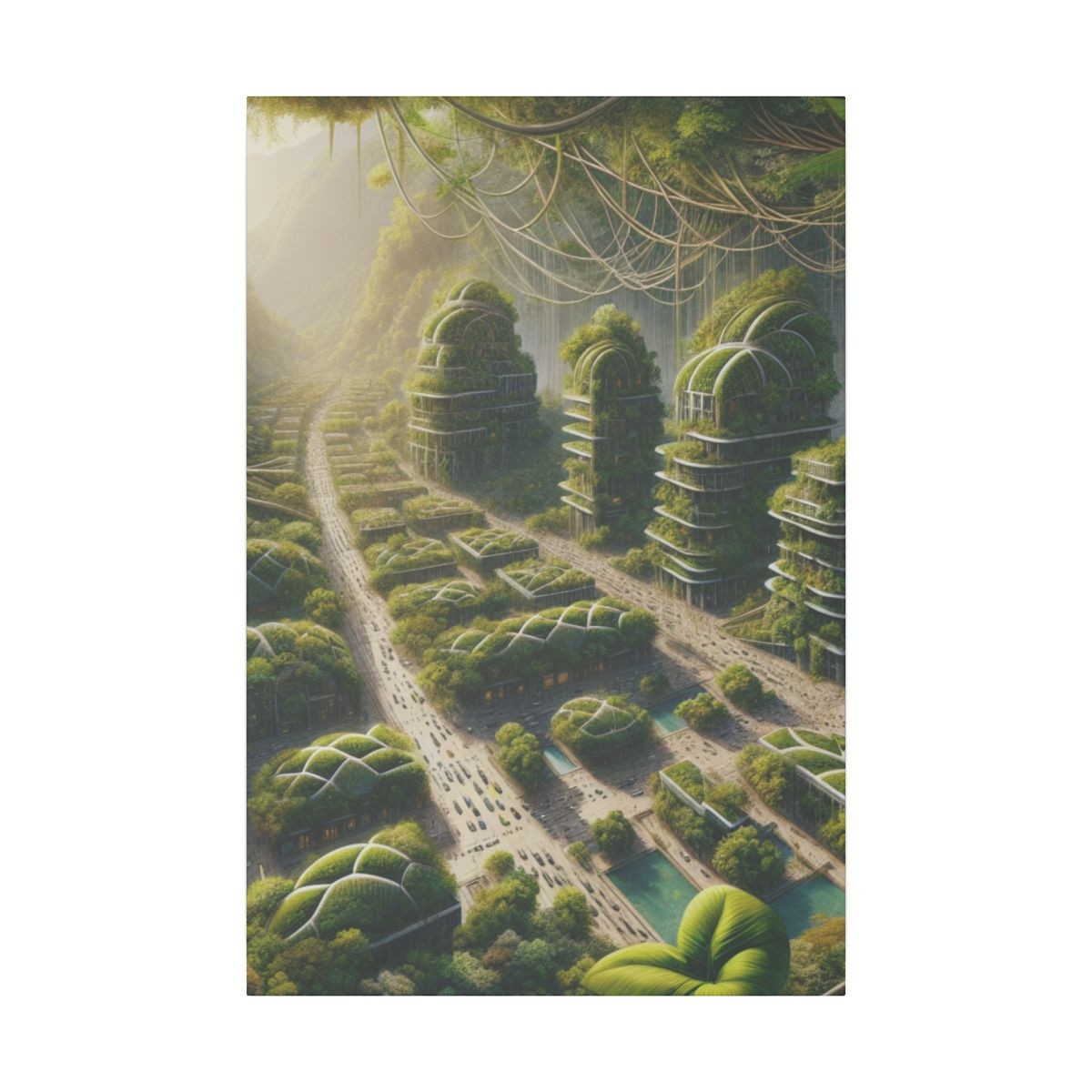 "Urban Jungle Harmony: Eco Architecture Imagined in Tropical City Canvas" - Canvas