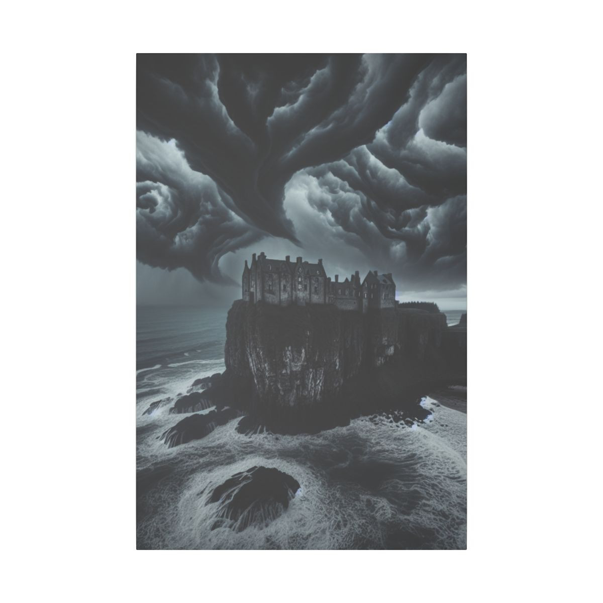 "Stormbound Castle: A Canvas Tale of Sea, Sky, and Unsettling Solitude" - Canvas