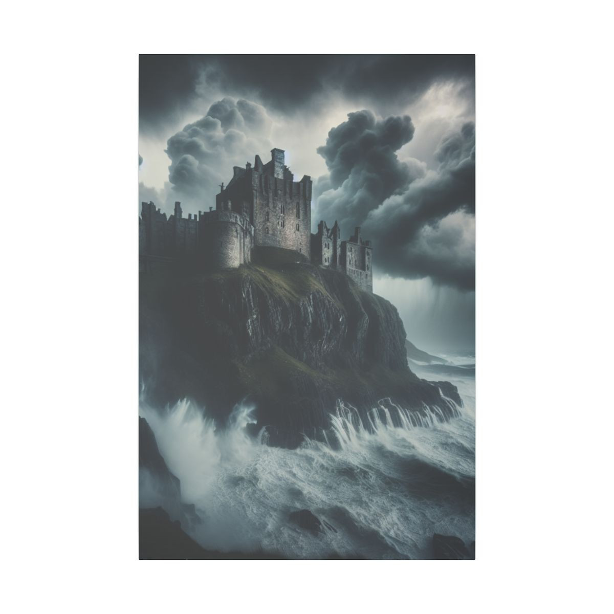 Storm-Kissed Fortress: A Haunting Echo of Past Glory, Clashing with the Sea - Canvas