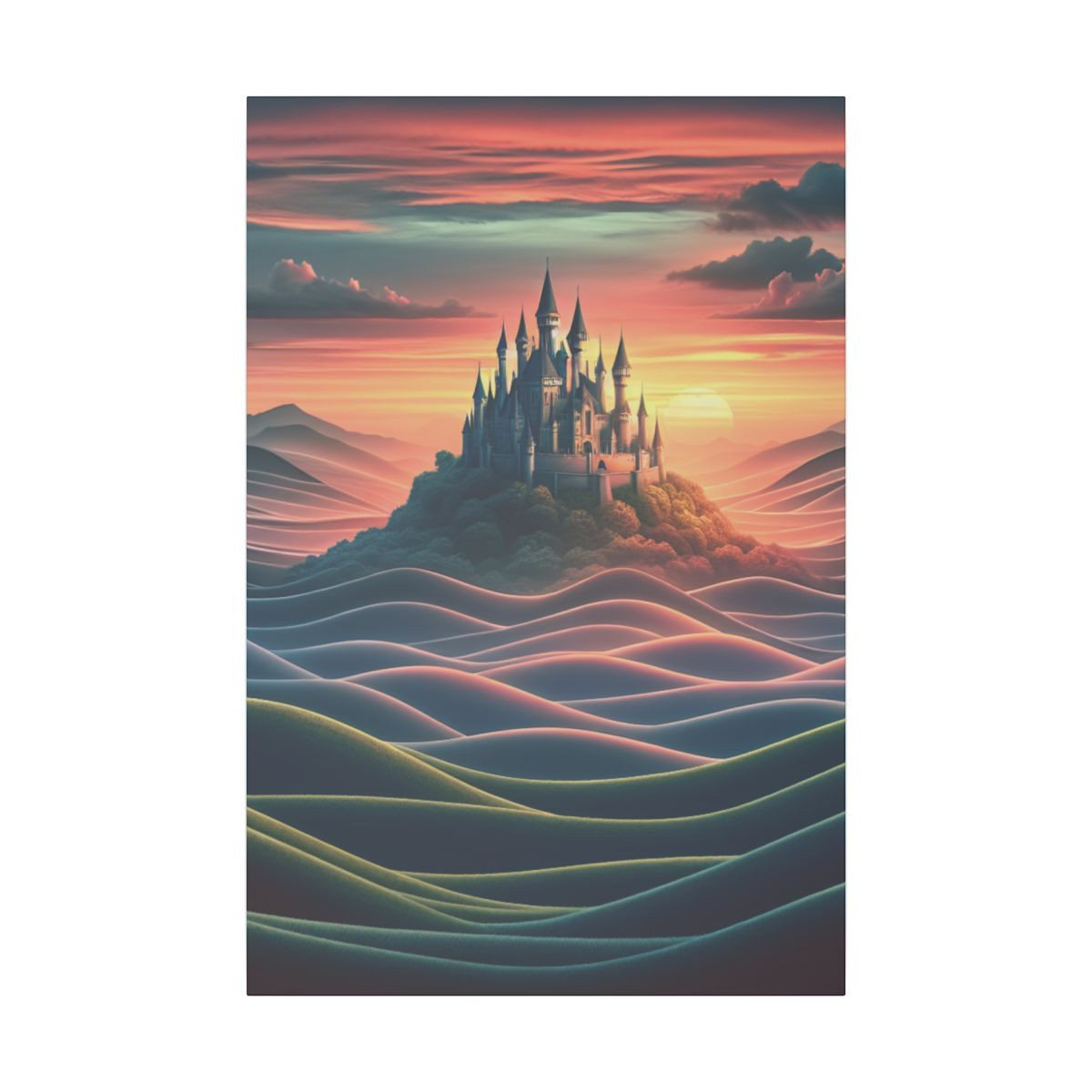 "Magical Sunset Castle: A Serene Canvas of Artistic Realism and Style" - Canvas