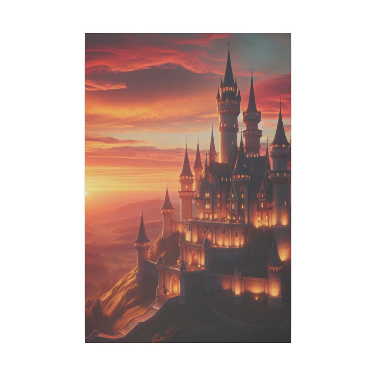 "Enchanting Sunset Castle Canvas: A Stylized Fantasy Landscape of Romance and Tranquility" - Canvas