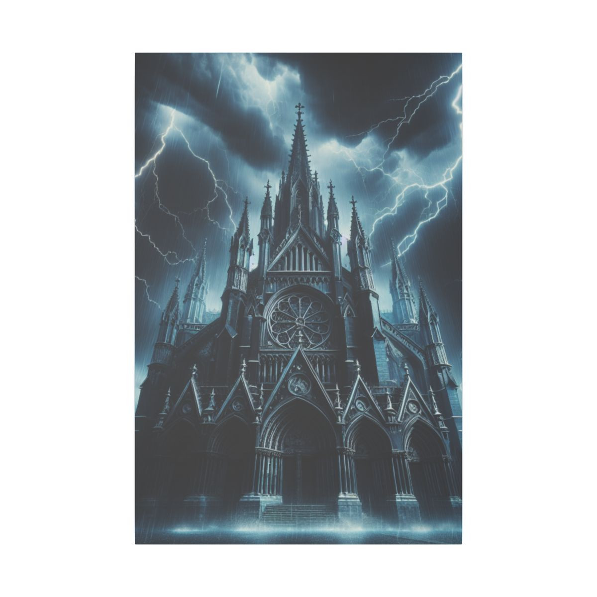 Stormstruck Cathedral: Gothic Majesty and Lightning Drama in a Rain-soaked Night - Canvas