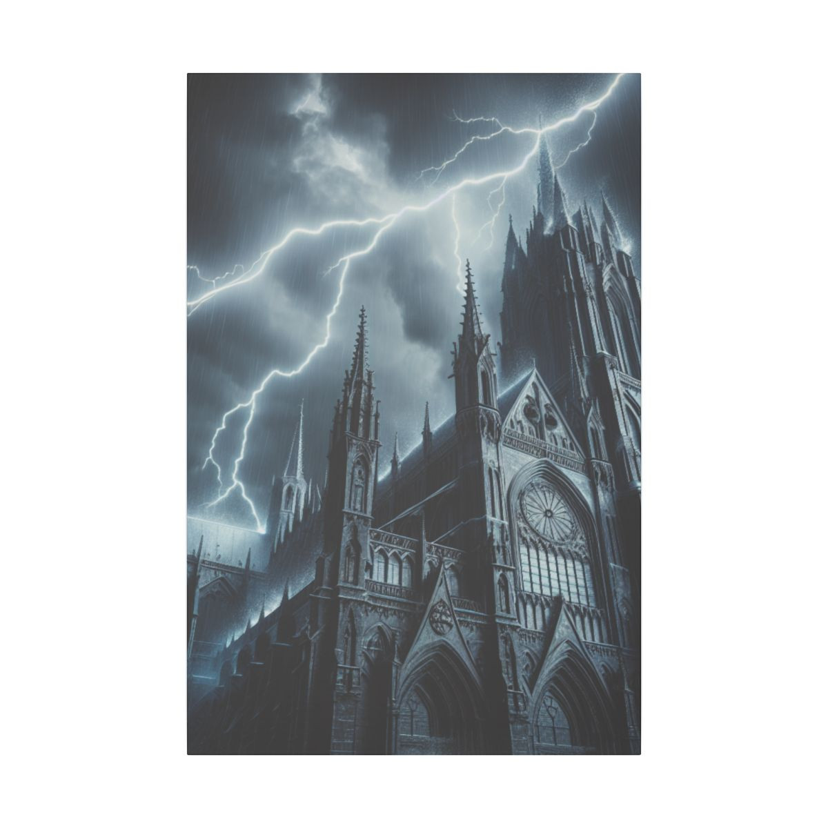 "Dramatic Night: Intricate Gothic Cathedral Amidst a Stormy Spectacle" - Canvas