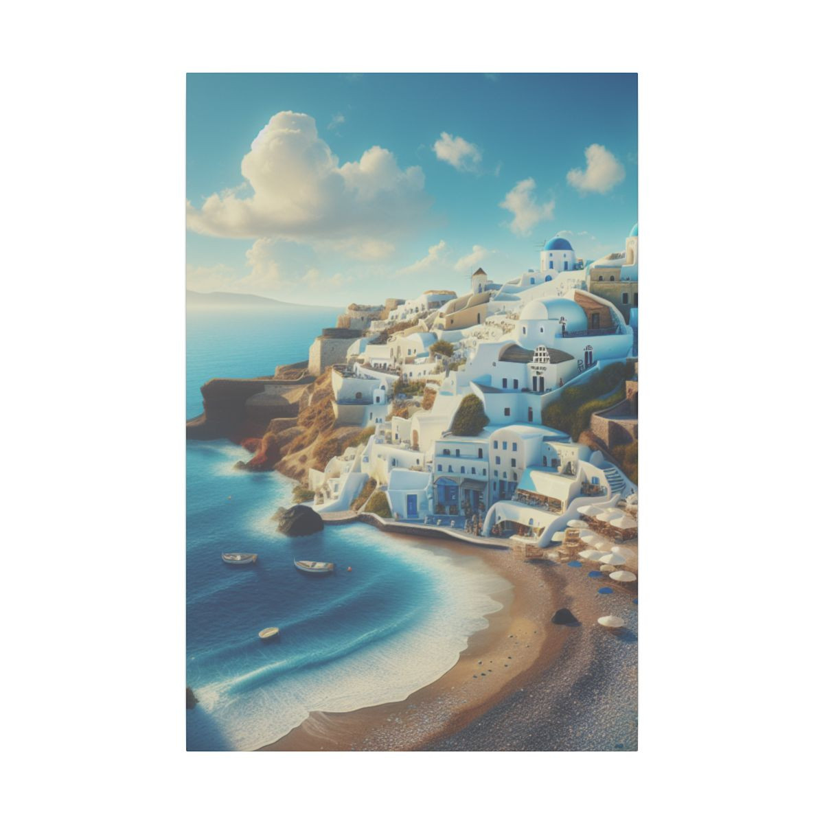 "Santorini Bliss: Sun-kissed Beaches, Azure Sea and Iconic Cliffside Domes" - Canvas