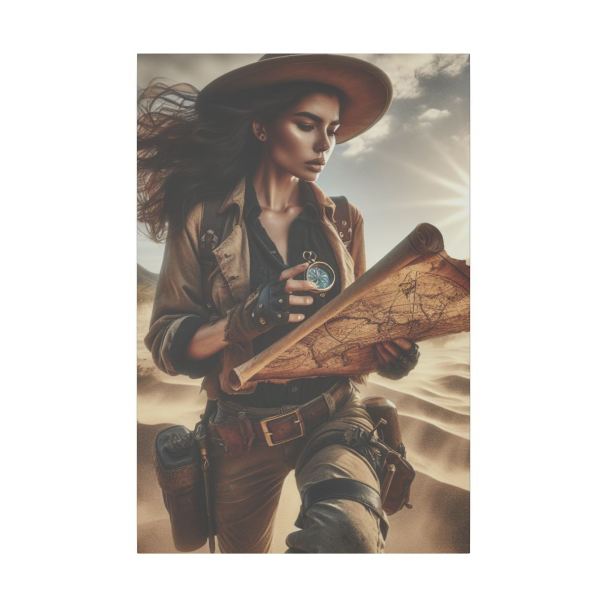 Hispanic Heroine: Treasure Huntress in the Blistering Desert Canvas Art - Canvas