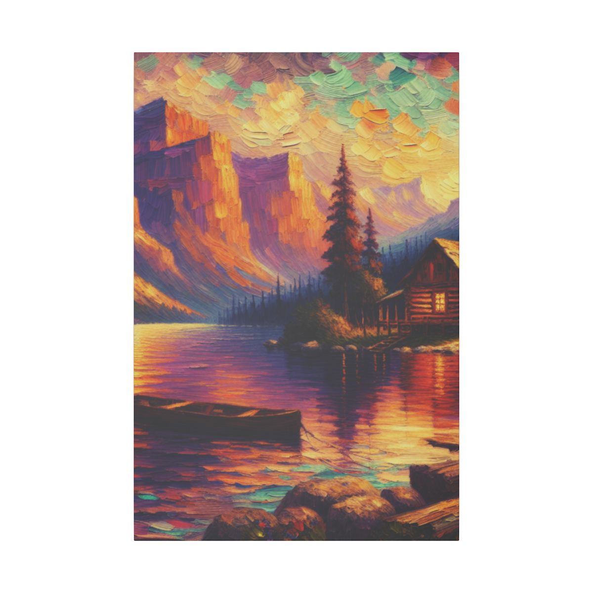 Serenity Unveiled: Impressionist Oil Canvas of Sunset, Lake, and Rustic Cabin - Canvas