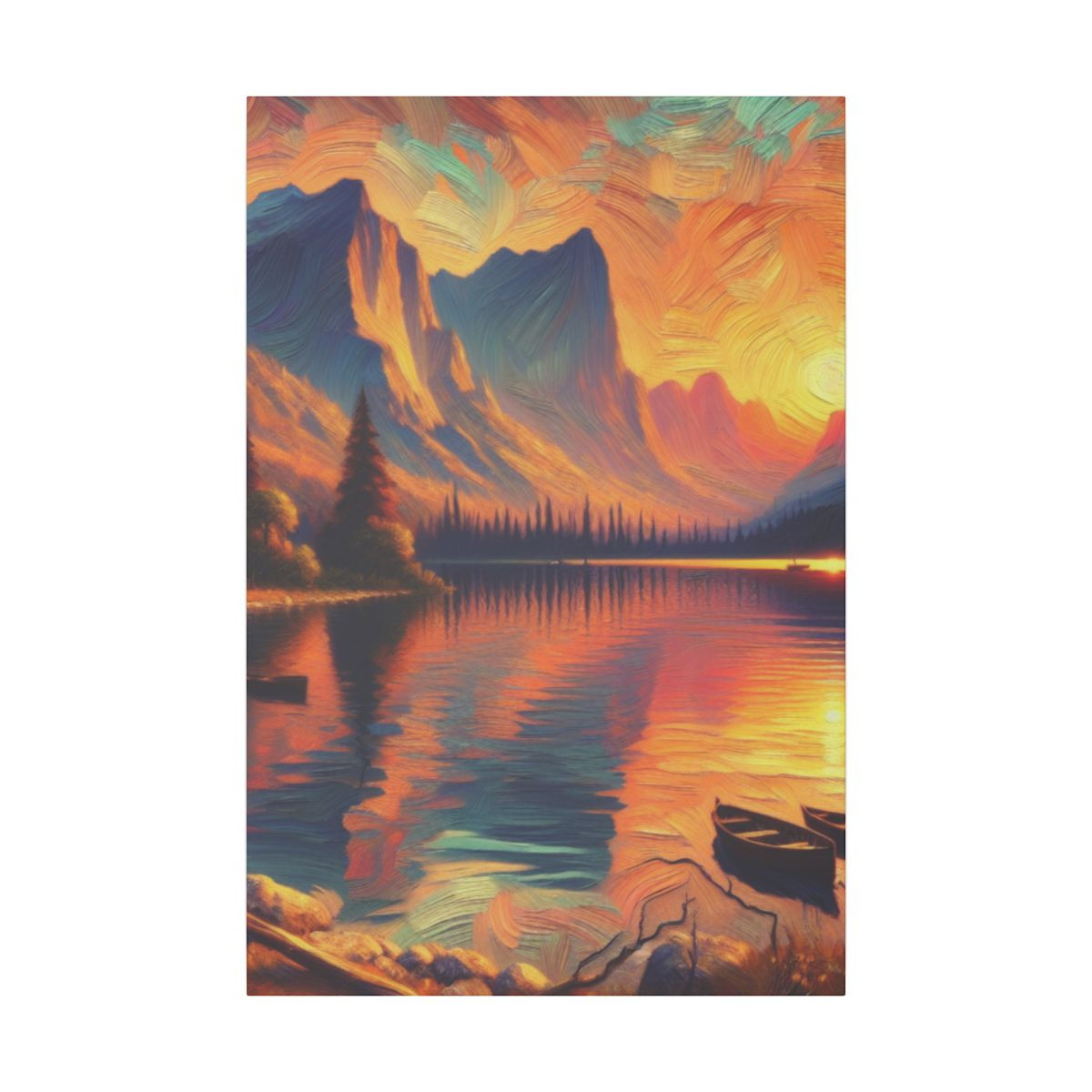 19th Century Inspired Landscape: Serene Lake, Majestic Mountains & Cabin Tranquility - Canvas
