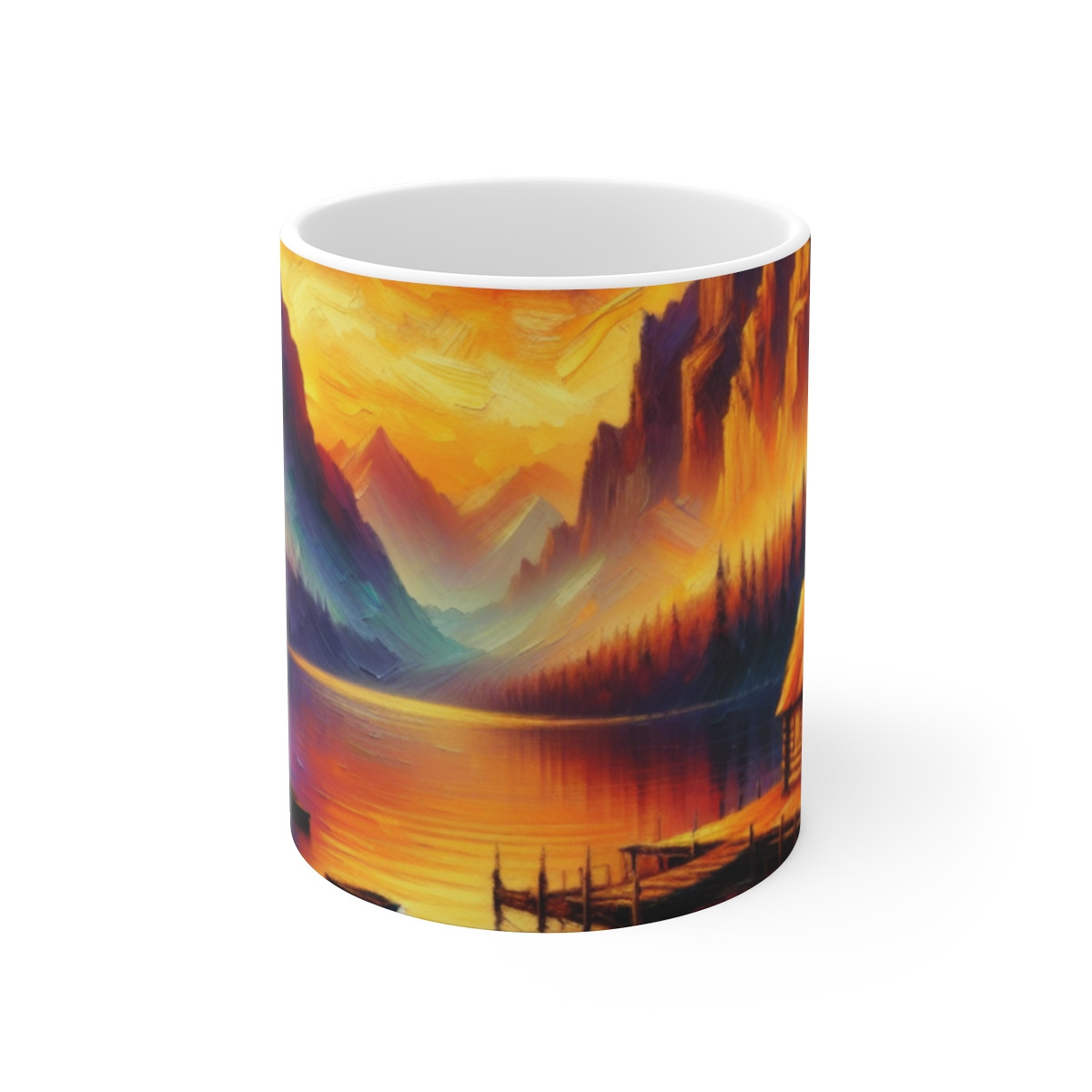 "Tranquil Lake and Cozy Cabin Sunset Oil Painting Stein" - Mugs