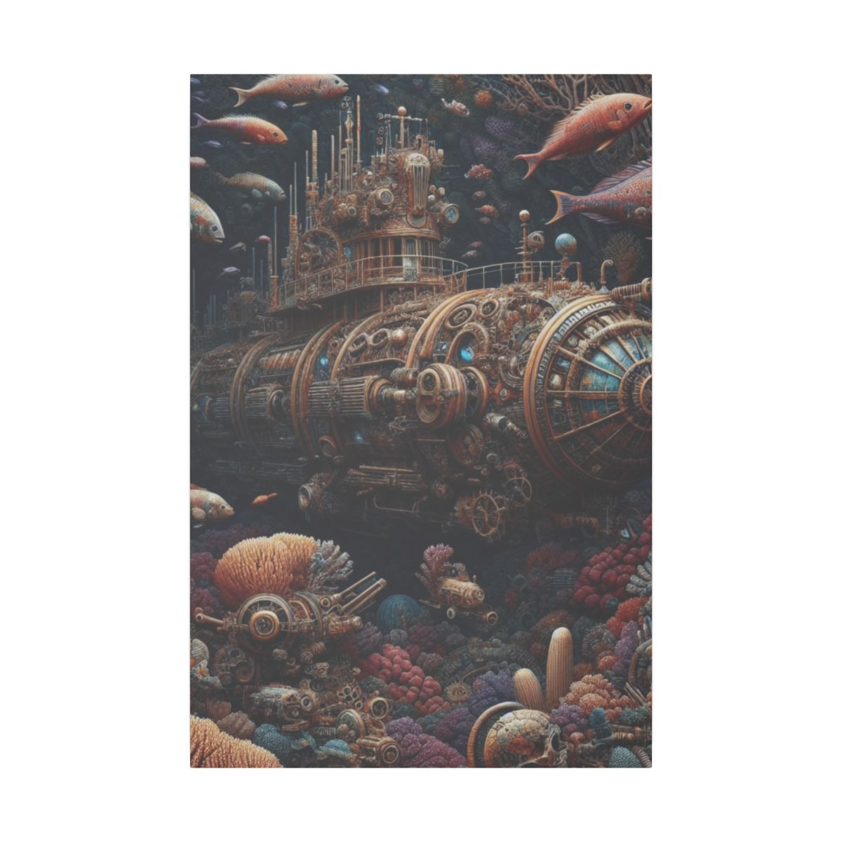 "Steampunk Submarine's Surreal Voyage Through Vibrant Underwater World" - Canvas