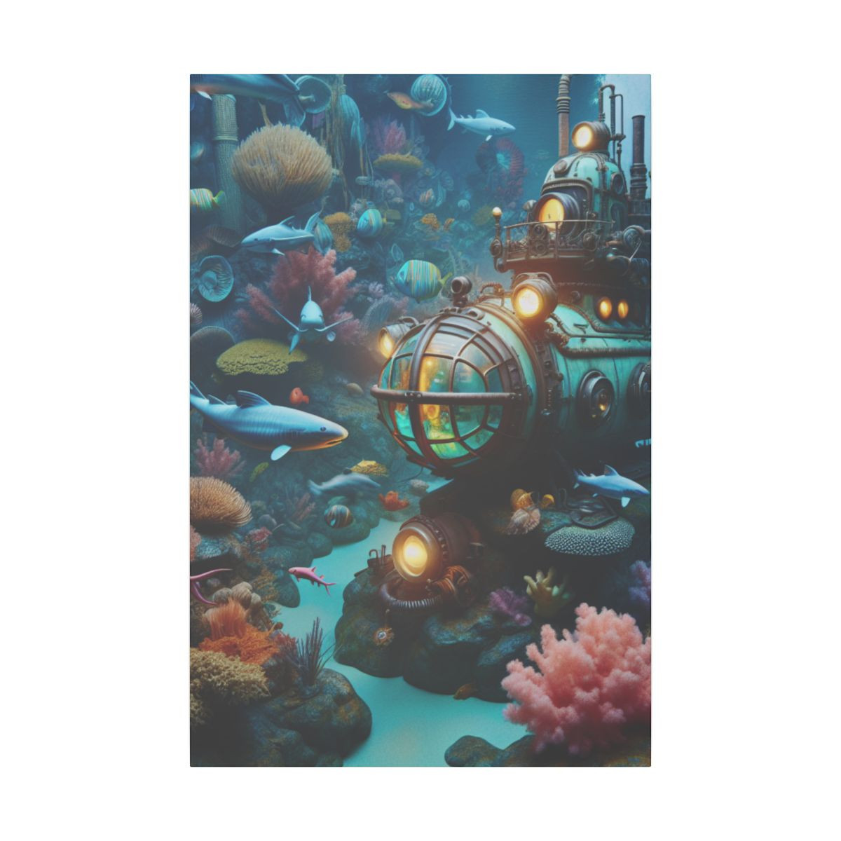 Steampunk Submarine Adventure: A Surreal Voyage through Vibrant Coral Reef - Canvas