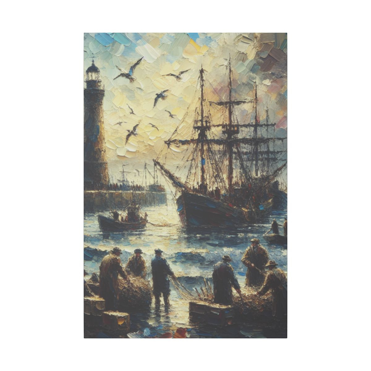 Harbor Life: Sailors, Seagulls, and the Sentinel Lighthouse Canvas Art - Canvas