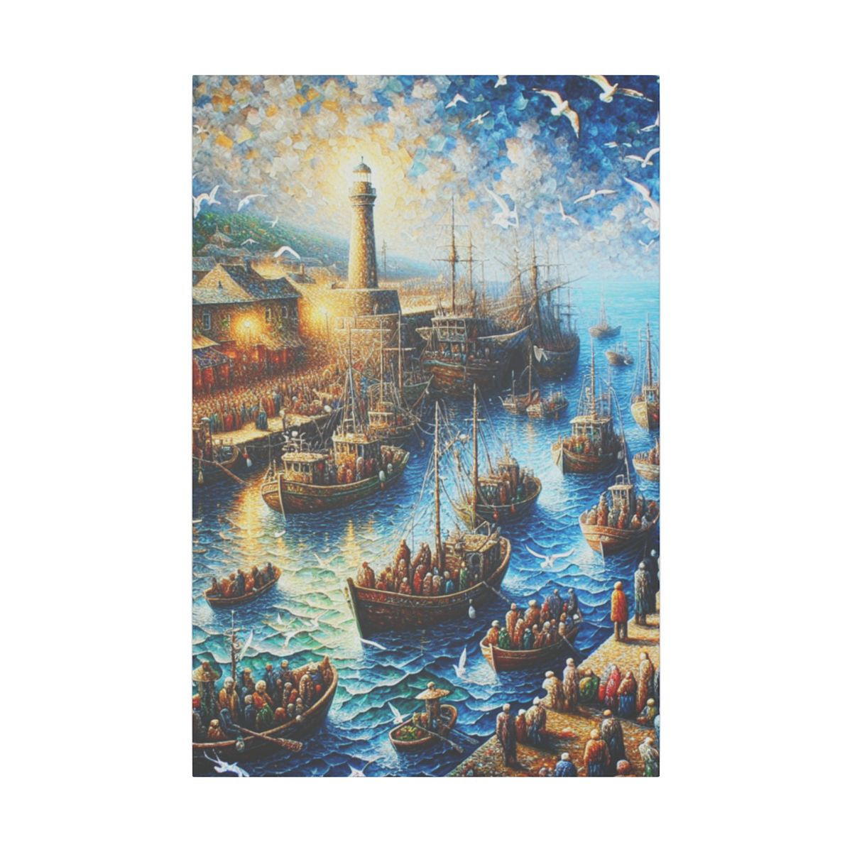 Diverse Harbor Delight: Dynamic, Textured Seascape in Radiant Oil Colors - Canvas