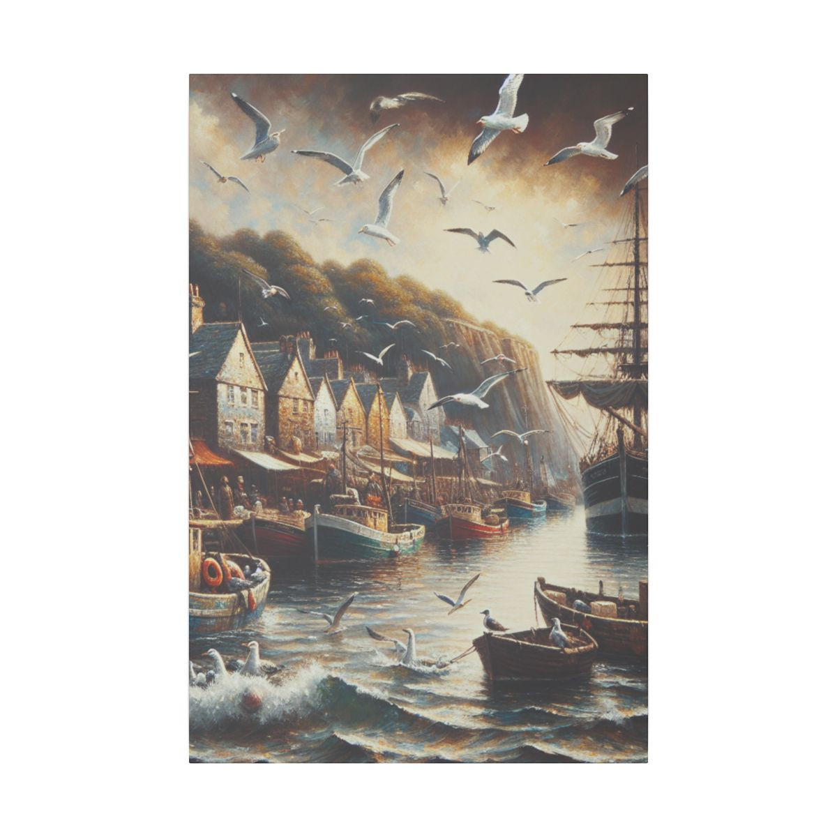 "Nautical Panorama: Realistic 19th Century Harbor Town and Guiding Beacon" - Canvas