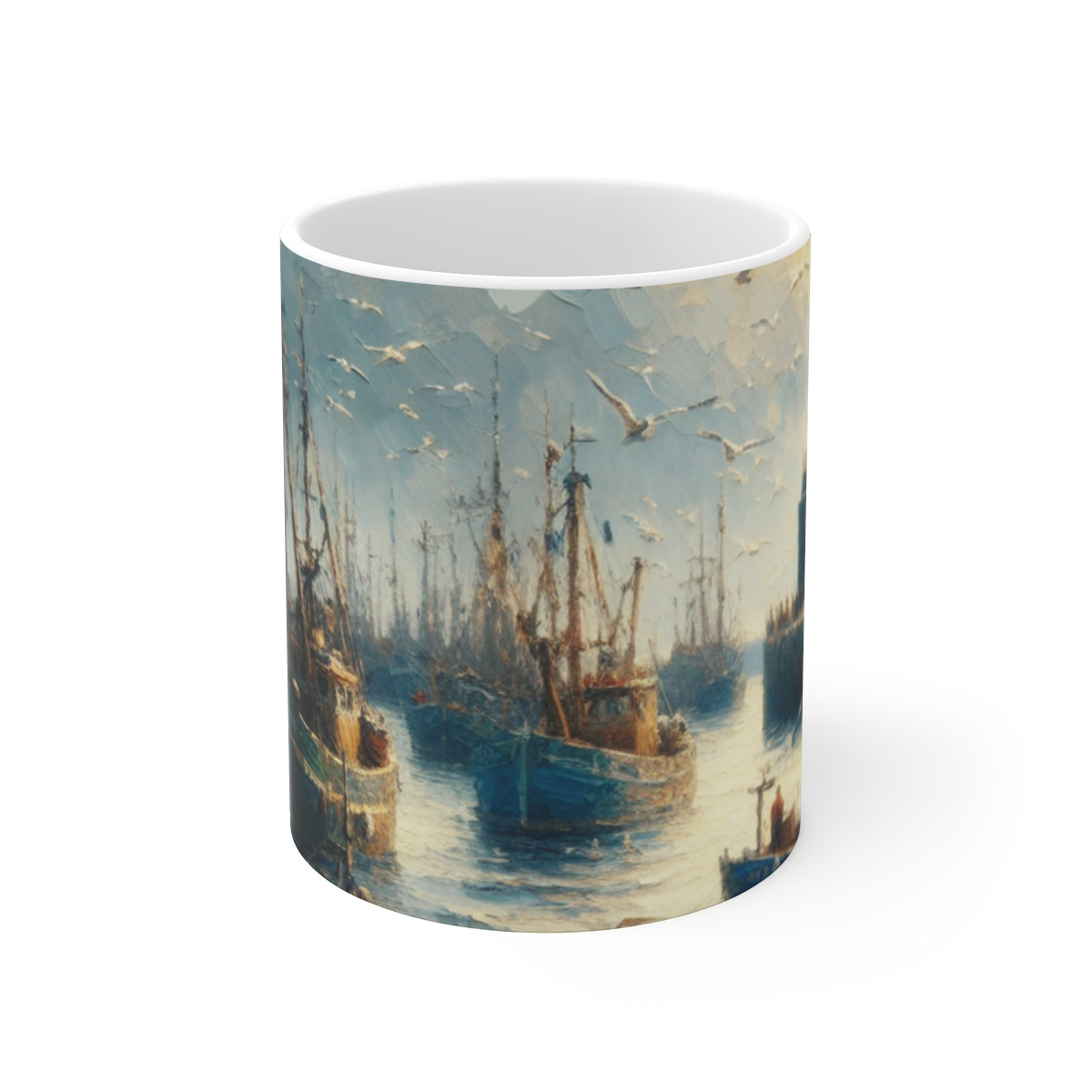 Impressionistic Harbor and Lighthouse Scene Mug with a Textured Finish - Mugs