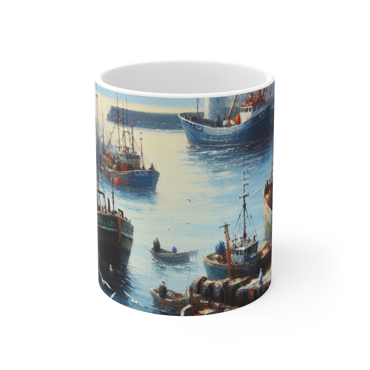 "Harbor Town Life, Fishing Boats and Lighthouse Scene Oil Painting Mug" - Mugs