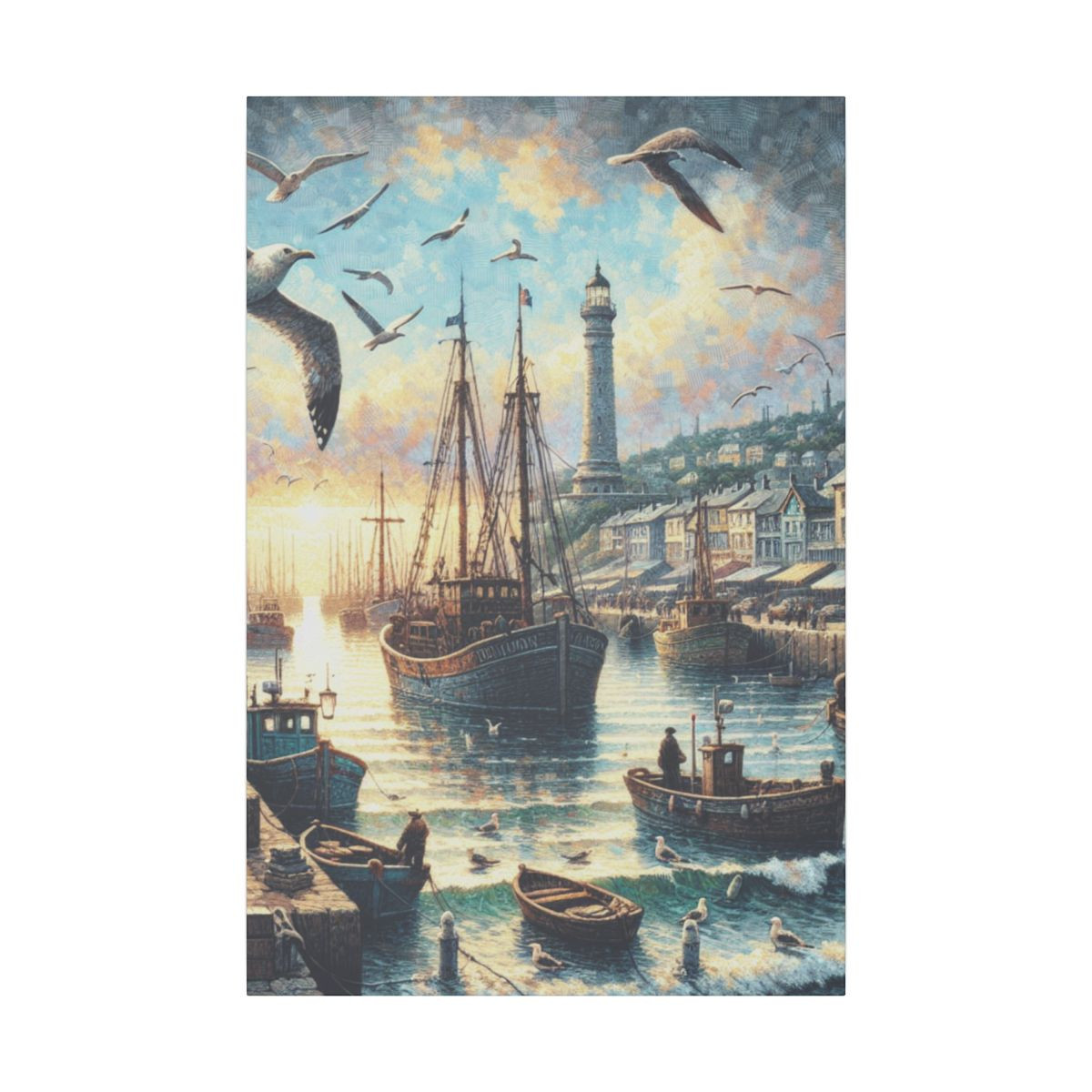 "Seaside Serenity: Vibrant Harbor Town and Lighthouse in Dramatic Oil Painting" - Canvas