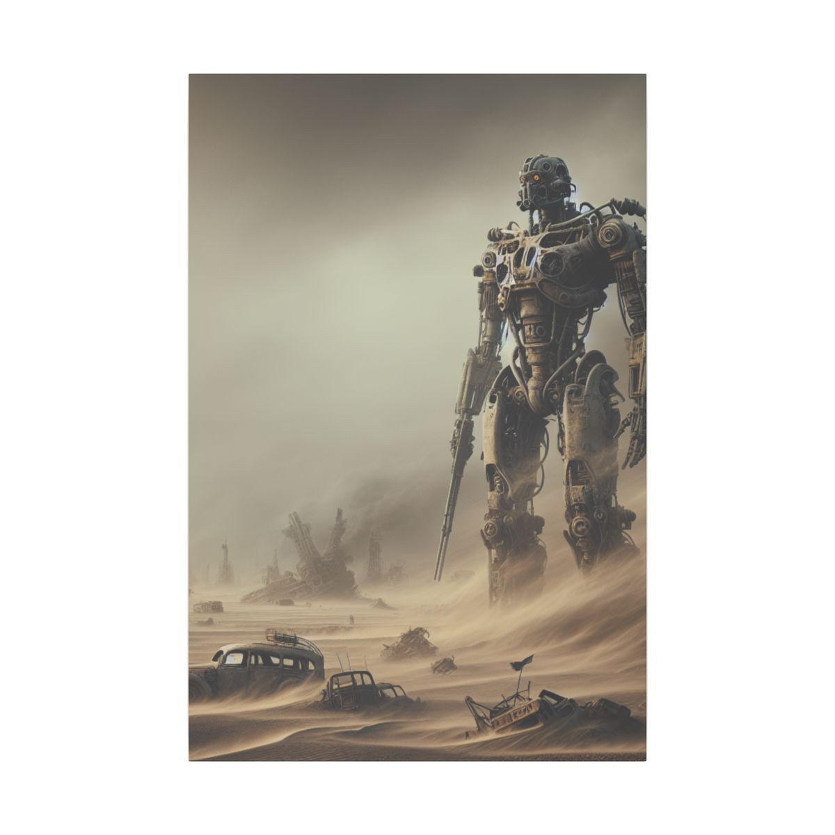 Desolate Majesty: A Lone, Mechanical Sentinel amidst Post-Apocalyptic Ruin - Canvas