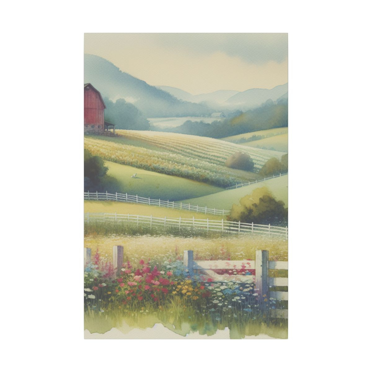 "Pastel Dreams: Tranquil Watercolor Countryside with Quaint Barn and Blooms" - Canvas