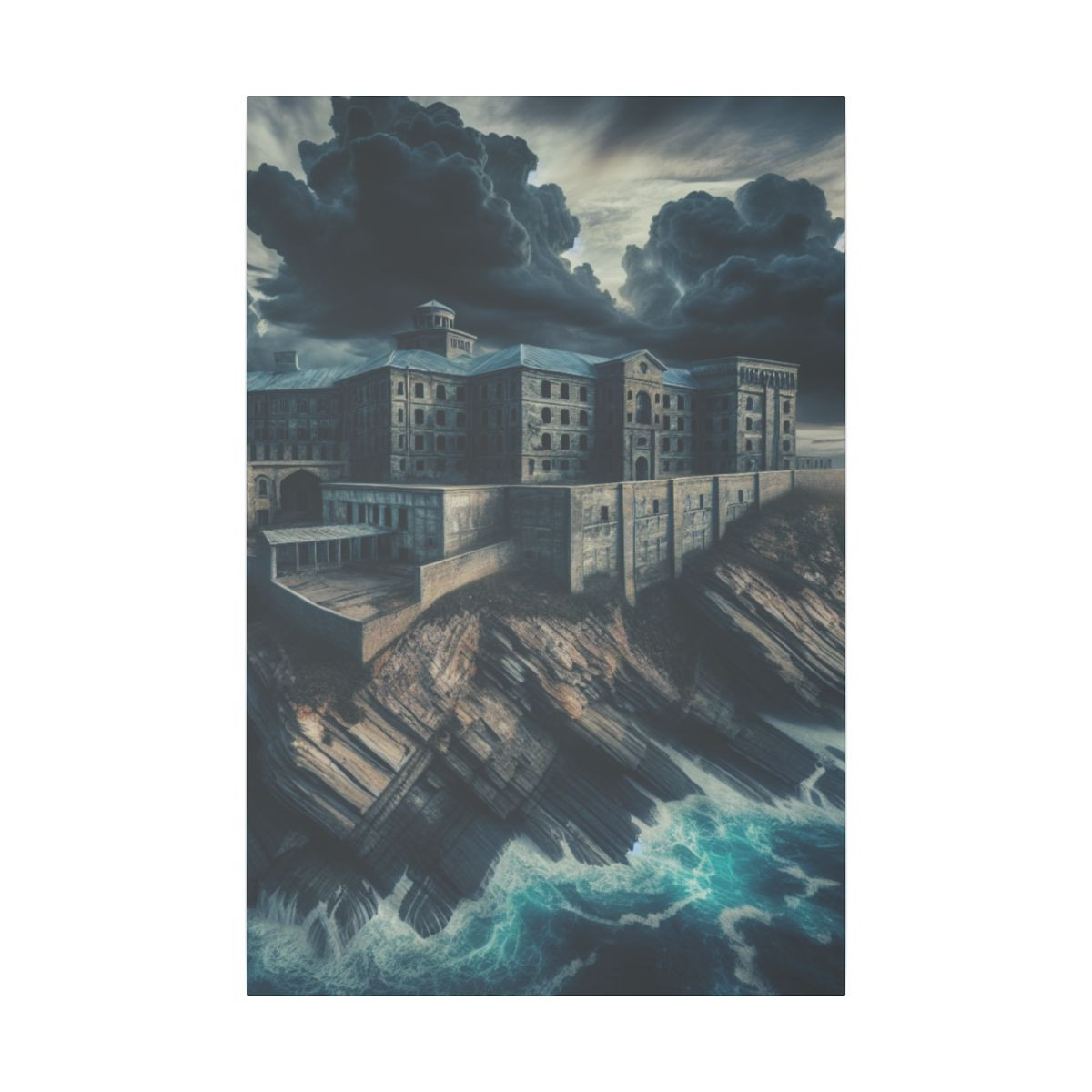 Eerie Shoreline: Abandoned Prison and Captivating Cliff Chaos in Canvas Art - Canvas