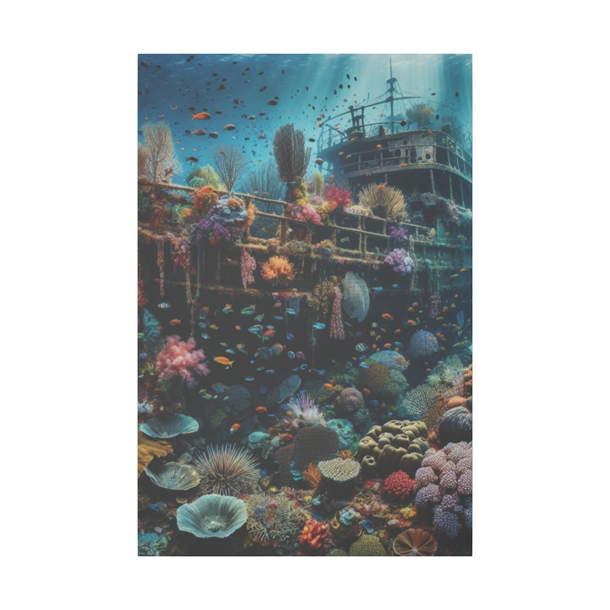 "Sunken Ship Amid Vibrant Coral Reef: An Underwater Panorama Canvas" - Canvas