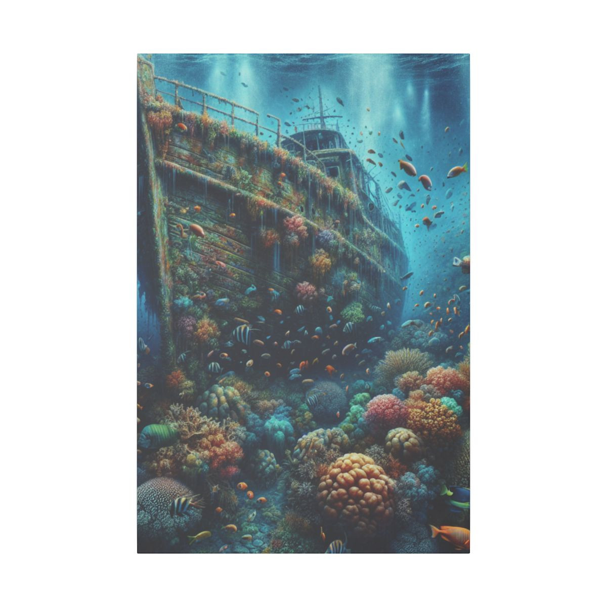 Mystical Marine Magic: Vibrant Reef and Sunken Ship Deep Sea Canvas Design - Canvas