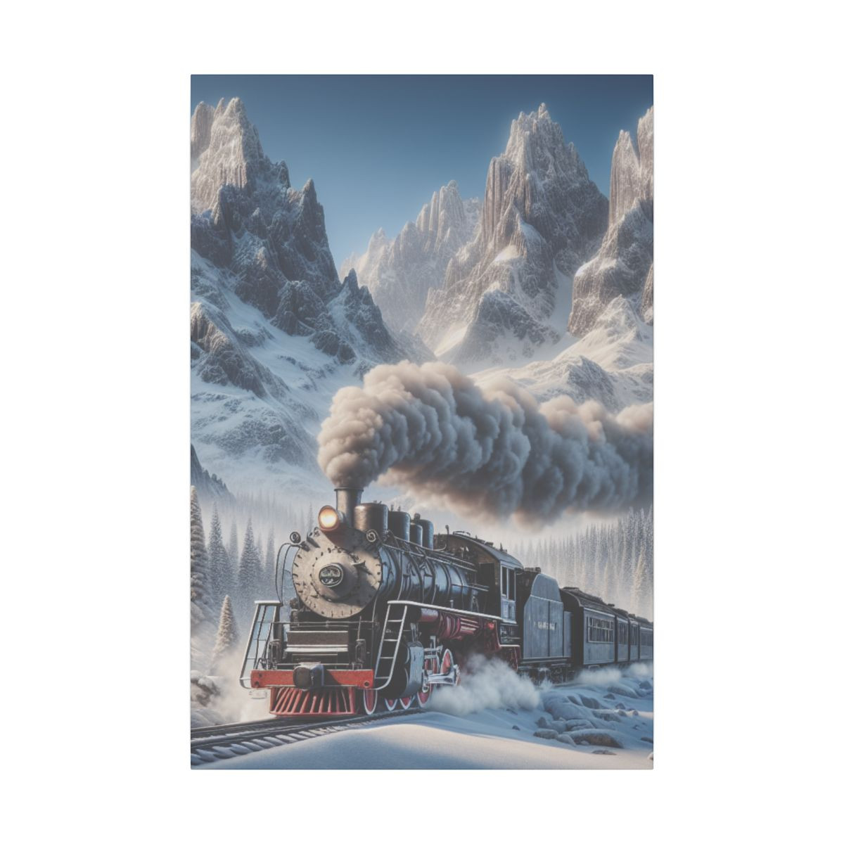 "Steam Locomotive's Scenic Journey Through Snow-Covered Peaks Canvas Art" - Canvas