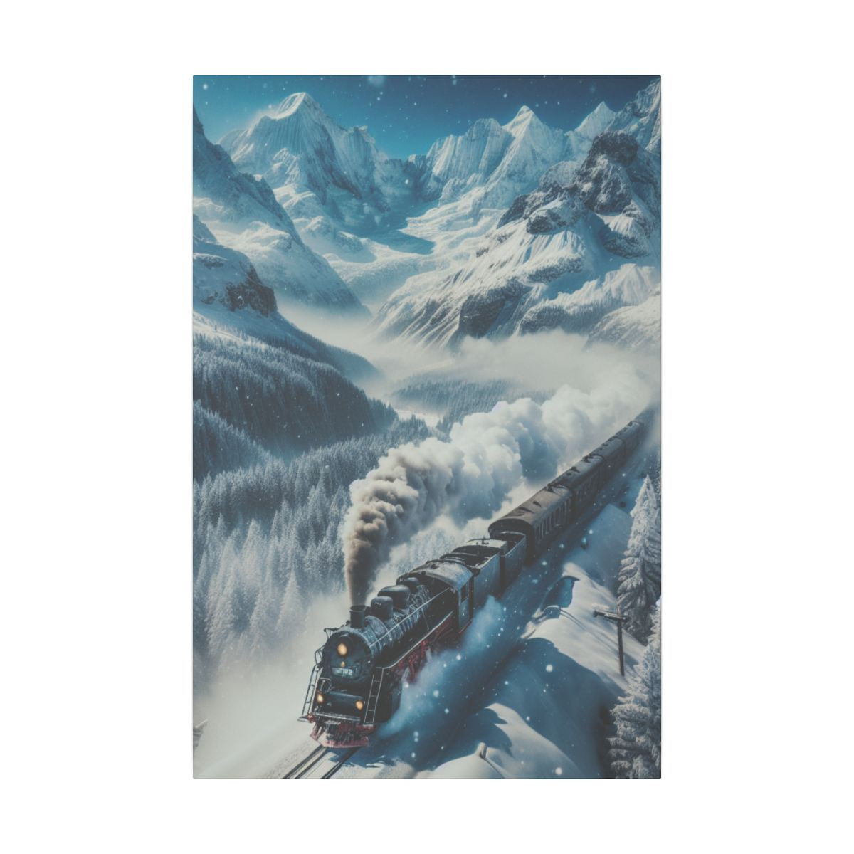 "Vintage Steam Train: Nostalgic Voyage Through Snow-bound Peaks" - Canvas