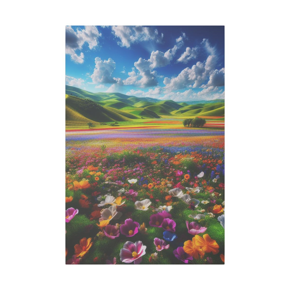 Spring Serenity: Vibrant Blooms, Rolling Hills and Tranquil Sky Canvas Art - Canvas