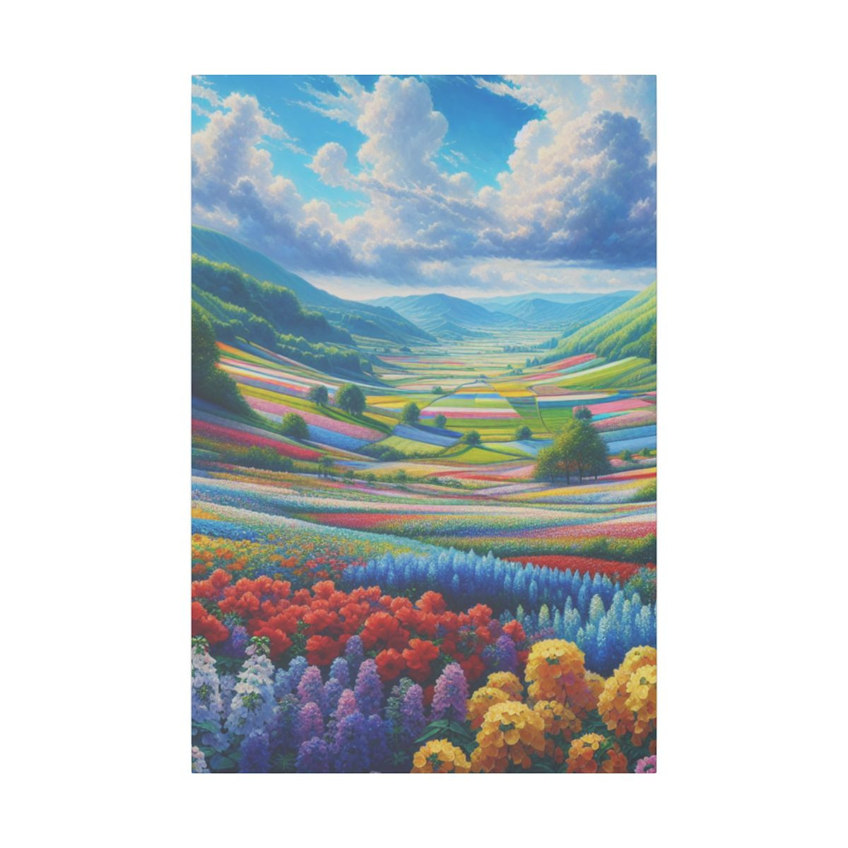 Blossoming Spring: Vibrant Field of Flowers and Tranquil Rolling Hills Canvas - Canvas