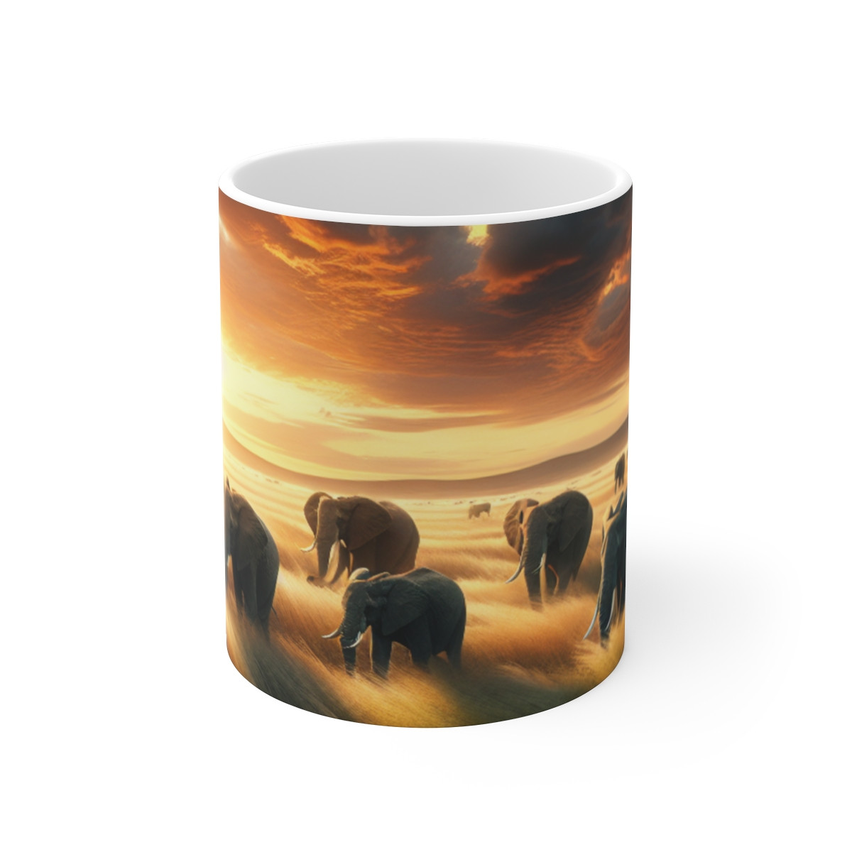 Sunset Safari Elephants: A Dramatic Showcase of Nature's Beauty on a Mug - Mugs