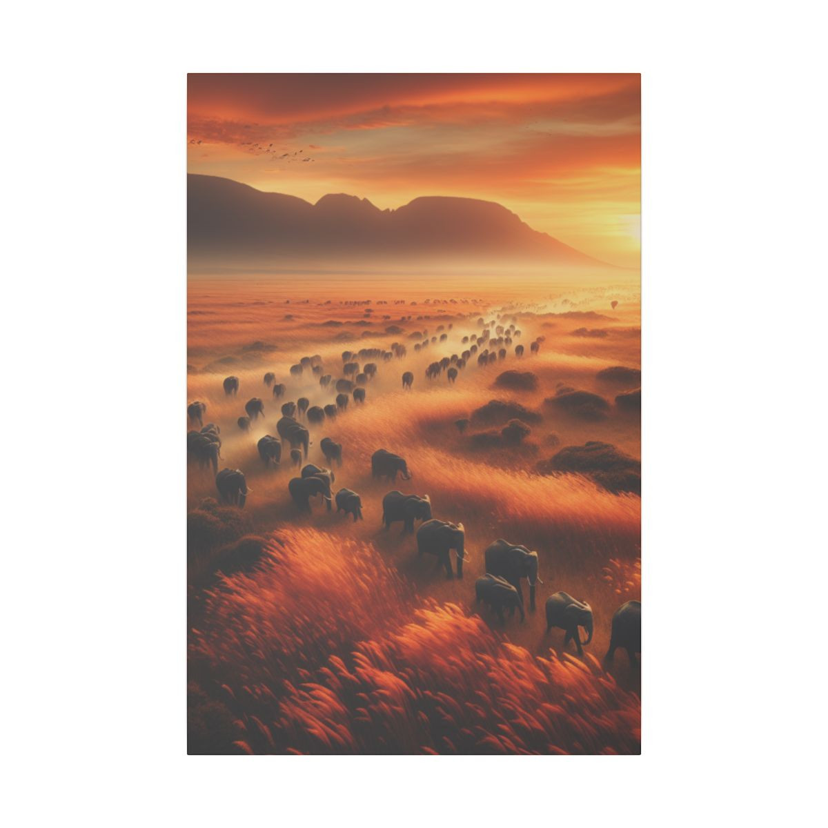 "Savannah Serenity: Elephant Migration under the Glorious Sunset" - Canvas