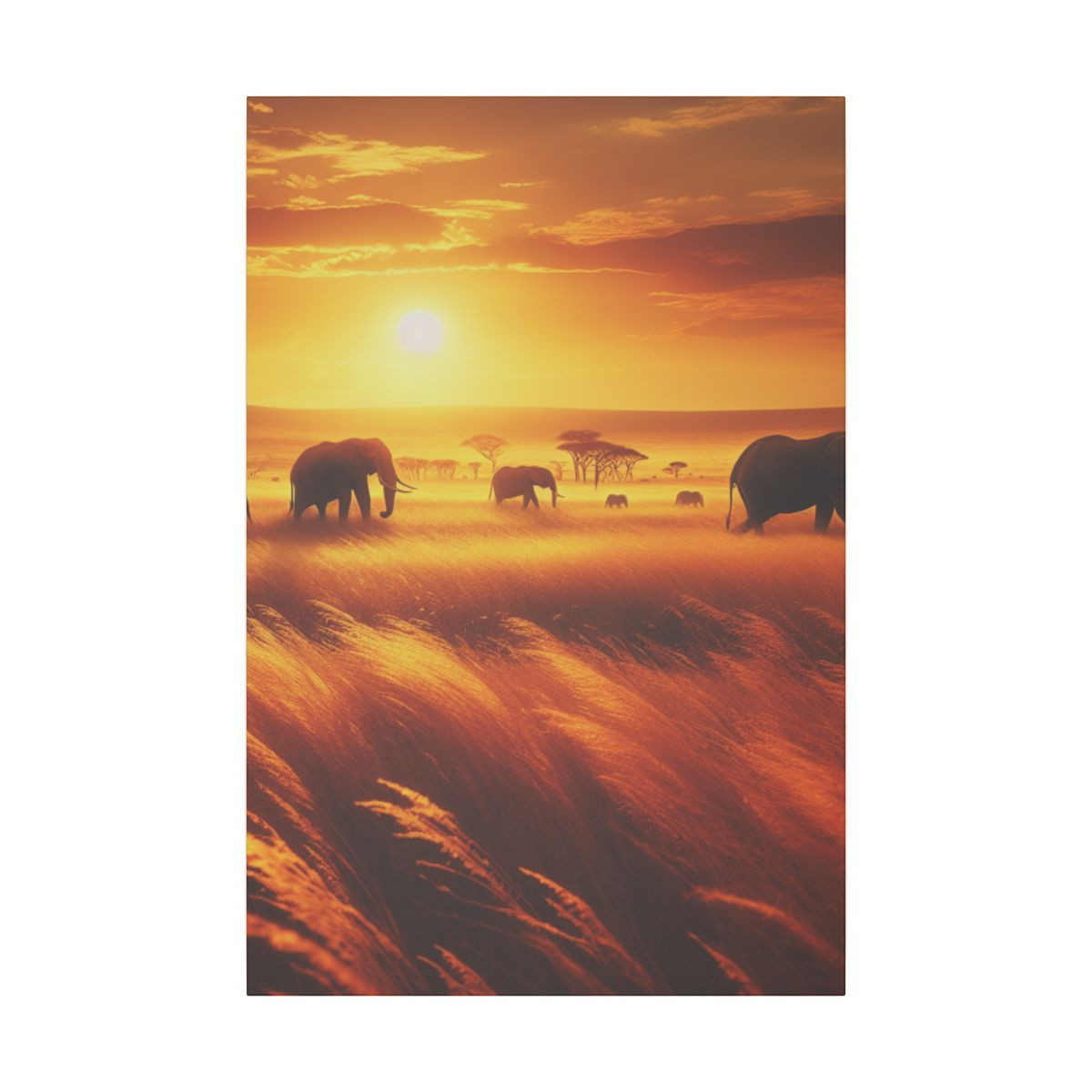 Golden Safari Glow: Majestic Elephants Traverse Tranquil Twilight Landscape - Canvas