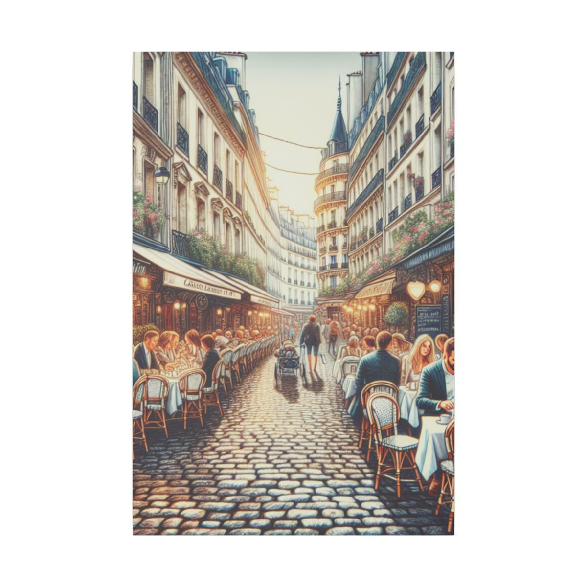 "Parisian Romance: A Street Scene of Cafes, Cobblestones, and Lively Conversations" - Canvas