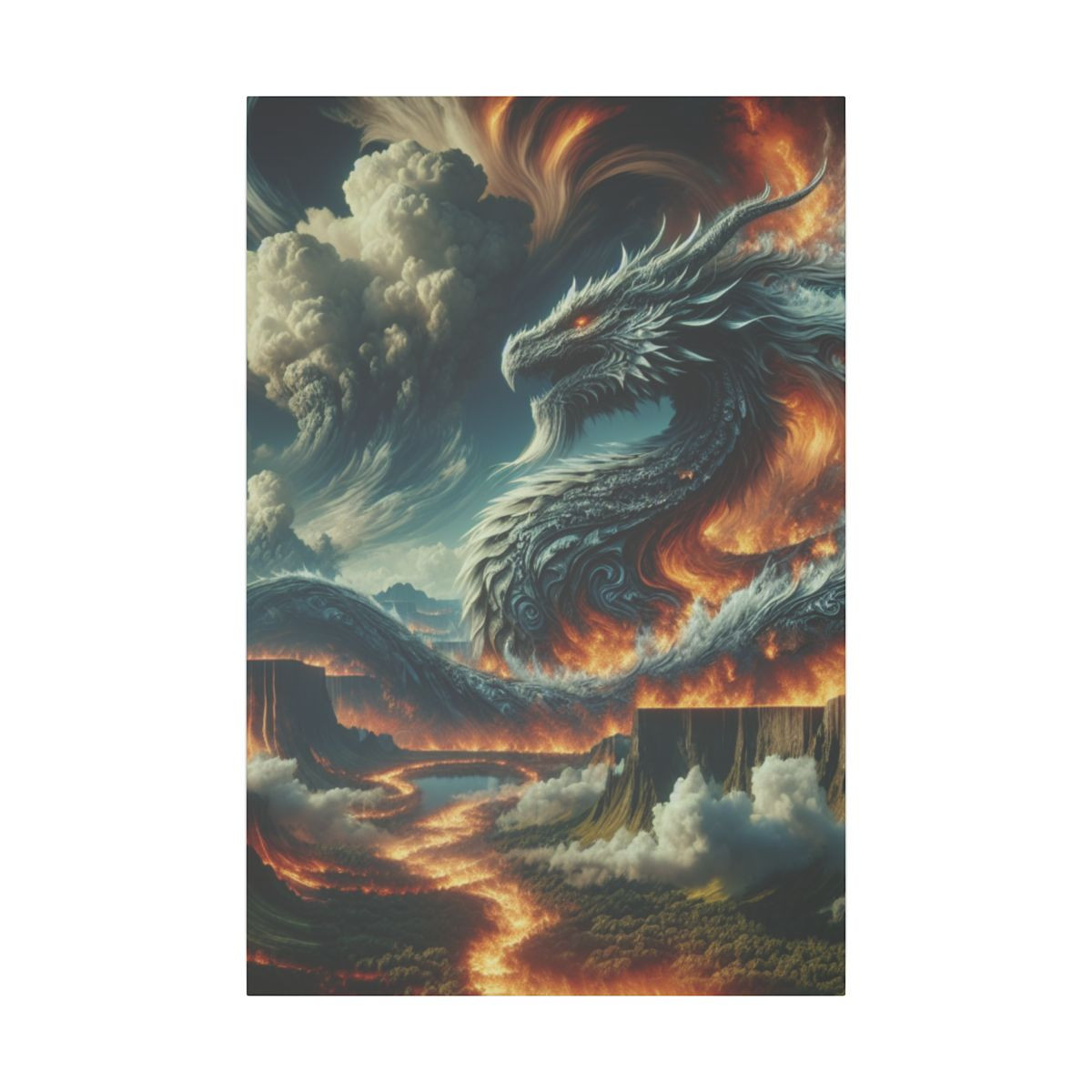 Dragon Majesty: Blazing Landscape Punctuated by Regal, Detailed Scaled Serpent - Canvas