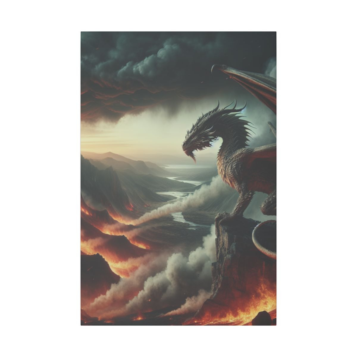 "Wildfire Majesty: Dragon's Peak Amidst Raging Inferno and Smoke-veiled Storms" - Canvas