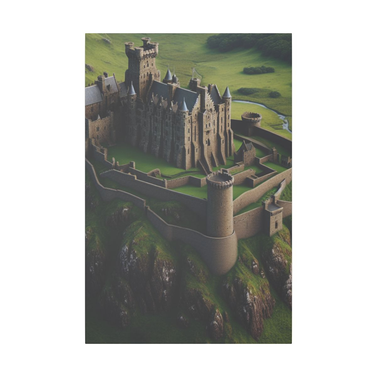 Medieval Majesty: A High-Detail Canvas of Castle, Cliffs, and Rolling Green Hills - Canvas