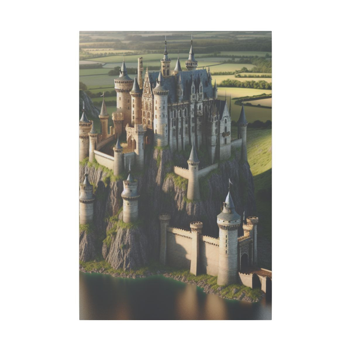 "Medieval Majesty: Cliff-Perched Castle and Vast Green Panorama Artwork" - Canvas