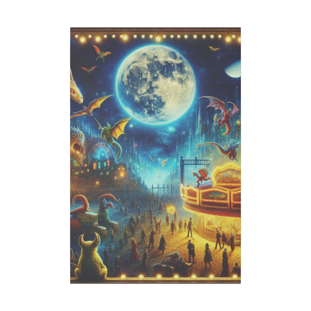 "Full Moon Fiesta: A Vivid Canvas of Bizarre Creatures and Carnival Delights" - Canvas