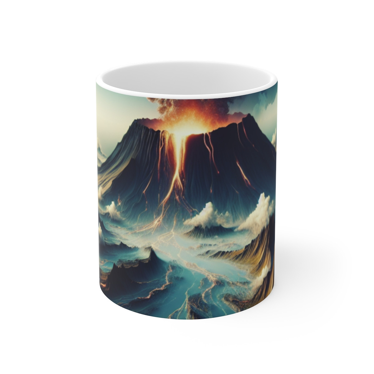 "Island Inferno: Serene Skies and Volcanic Chaos Mug" - Mugs