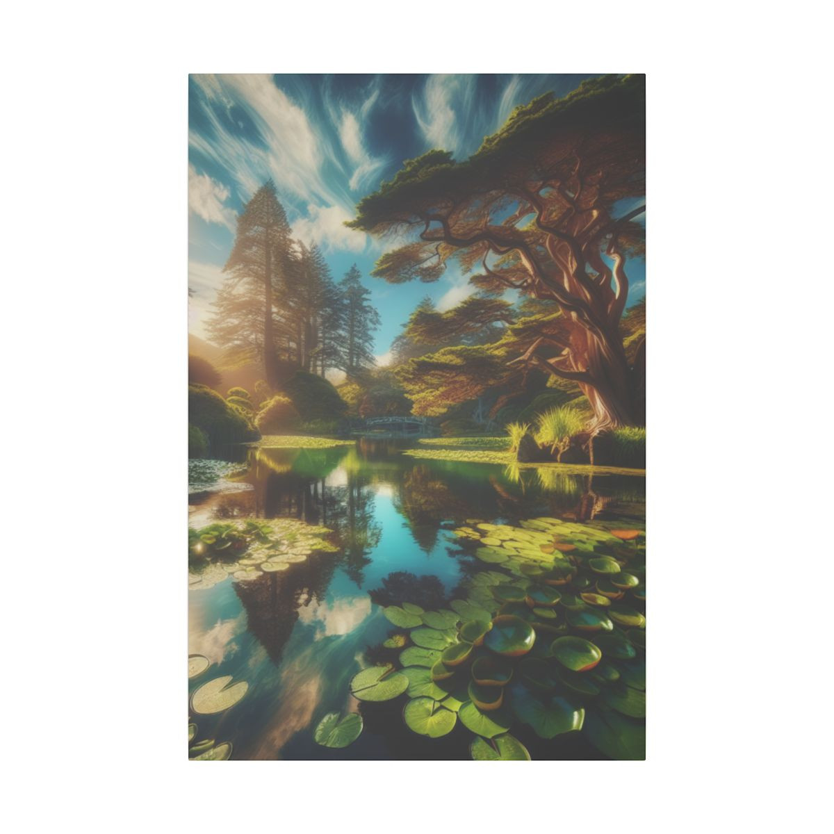 “Afternoon Elegance: Peaceful Pond Amidst Majestic Trees and Reflective Skies” - Canvas
