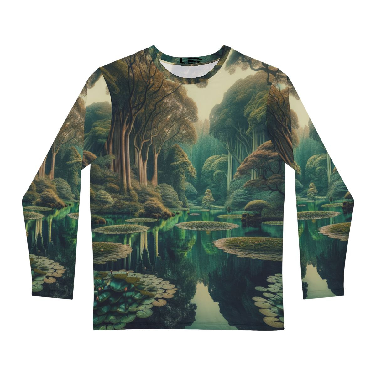 Tranquil Tree Pond: A Serene Blend of Sky and Lily Pad Landscapes T-Shirt - Tee