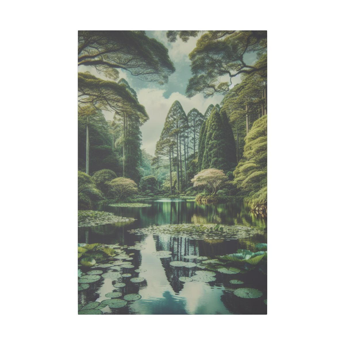 "Peaceful Pond's Serenity: Lily Delight beneath Sky's Reflection" - Canvas